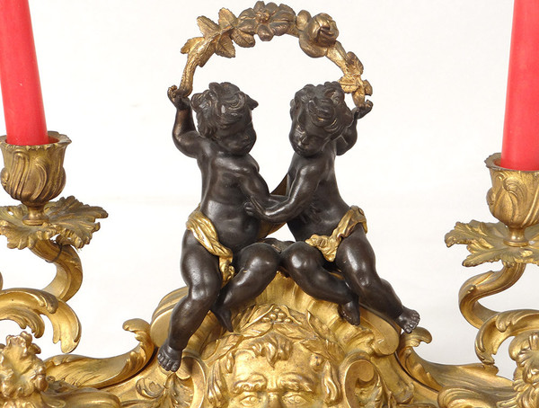 Inkwell Louis XV rocaille bronze candlesticks cherubs character 41cm 18th century