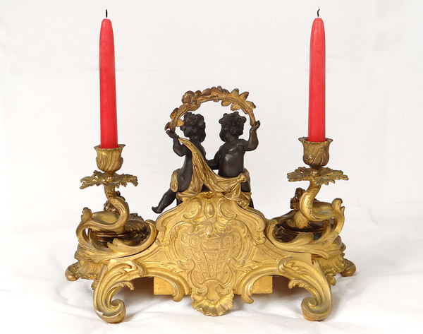 Inkwell Louis XV rocaille bronze candlesticks cherubs character 41cm 18th century