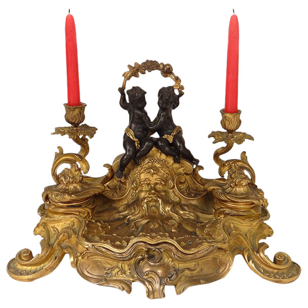 Inkwell Louis XV rocaille bronze candlesticks cherubs character 41cm 18th century