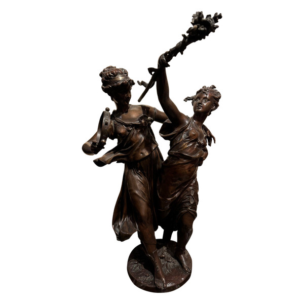 "Zwei Musikerinnen", Bronze mit Medaillenpatina, signiert DUMAIGE, um 1880