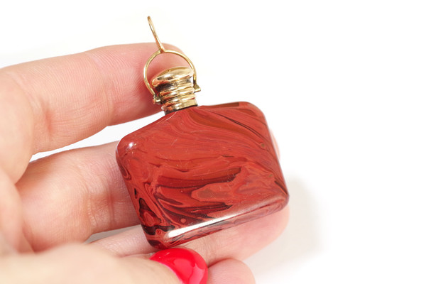 Glass perfume bottle pendant in 18k gold, Antique glass pendant, imitation red jasper