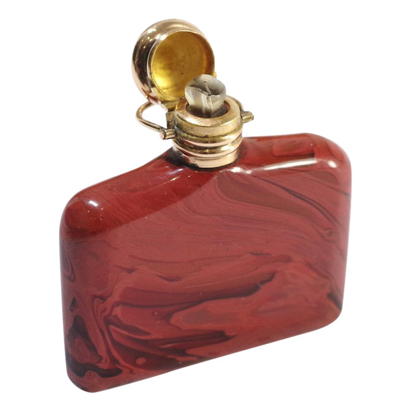 Glass perfume bottle pendant in 18k gold, Antique glass pendant, imitation red jasper