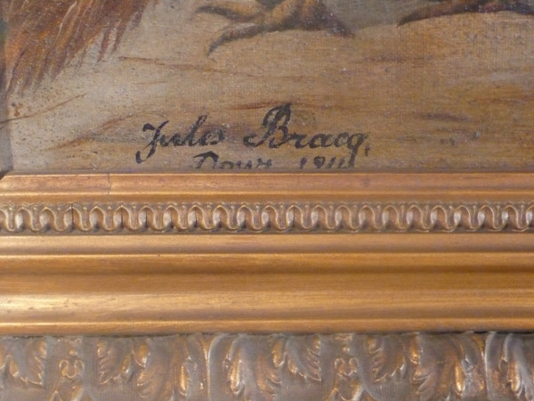 Tableau représentant un paon, un coq et un dindon signé Jules Bracq.