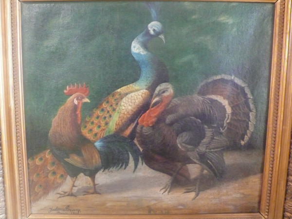 Tableau représentant un paon, un coq et un dindon signé Jules Bracq.