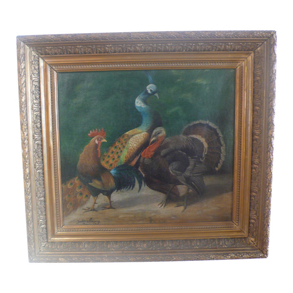 Tableau représentant un paon, un coq et un dindon signé Jules Bracq.