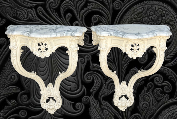 PAIRE DE CONSOLES XIXe EN BOIS SCULPTÉ RECHAMPIES BLANC DE STYLE LOUIS XV