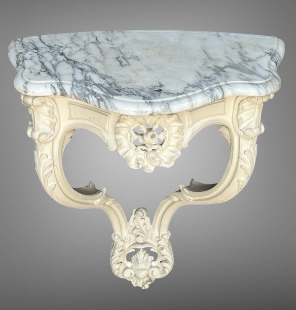 PAIRE DE CONSOLES XIXe EN BOIS SCULPTÉ RECHAMPIES BLANC DE STYLE LOUIS XV