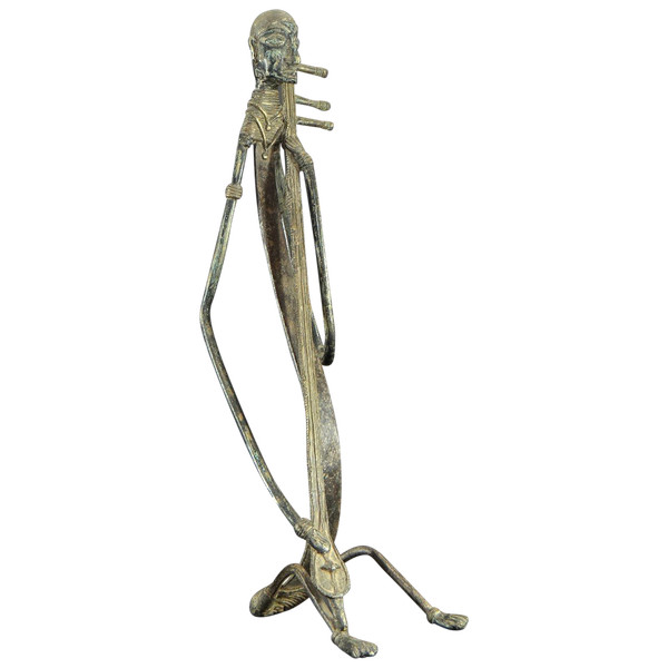 India, Early 20th Century, Rare And Large Bronze Tribal Statue, Saranghi Player.