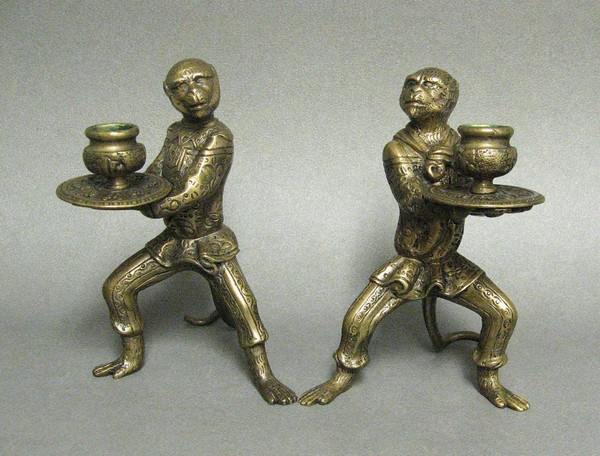 Pair Of Bronze Candlesticks Animal Subjects Learned Monkeys.