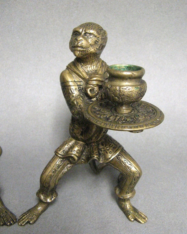 Pair Of Bronze Candlesticks Animal Subjects Learned Monkeys.