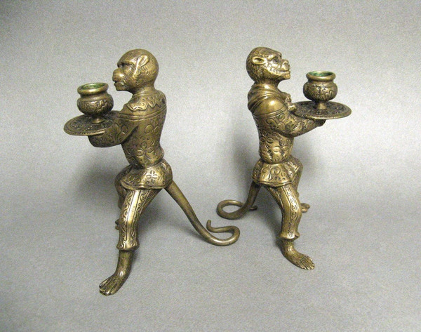 Pair Of Bronze Candlesticks Animal Subjects Learned Monkeys.