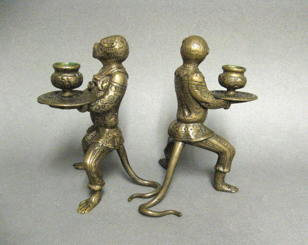 Pair Of Bronze Candlesticks Animal Subjects Learned Monkeys.