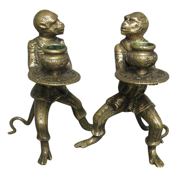 Pair Of Bronze Candlesticks Animal Subjects Learned Monkeys.