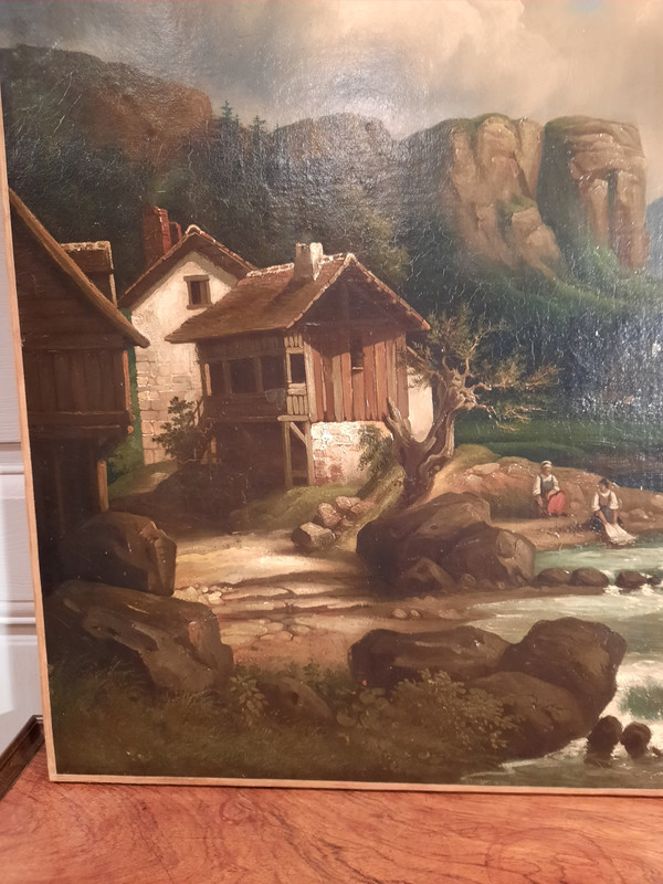 Tableau représentant un paysage et deux lavandières, signé A.Henri, d’époque XIXème siècle.