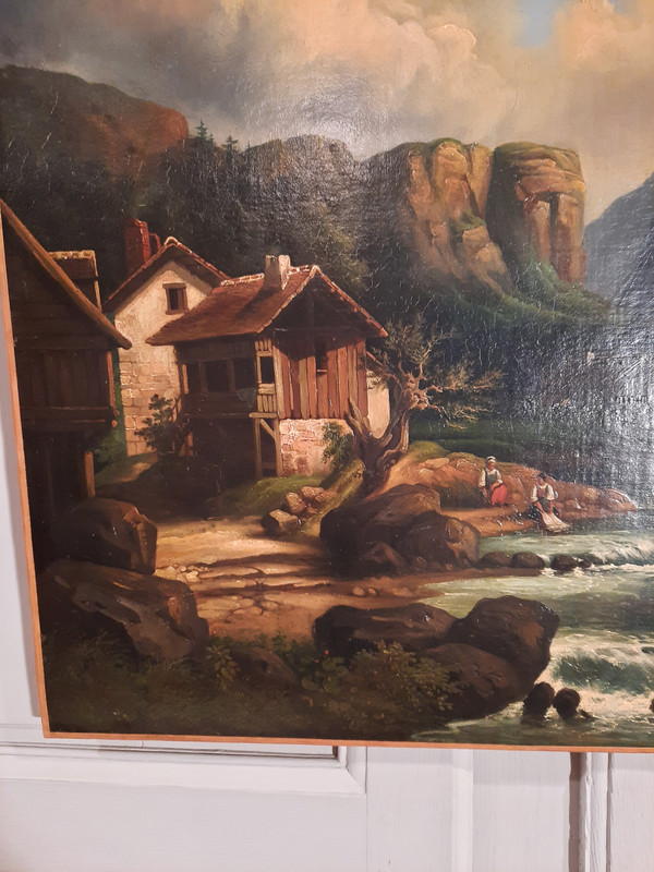 Tableau représentant un paysage et deux lavandières, signé A.Henri, d’époque XIXème siècle.