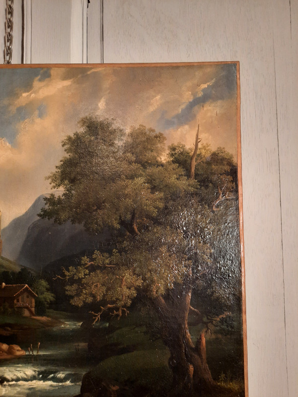 Tableau représentant un paysage et deux lavandières, signé A.Henri, d’époque XIXème siècle.