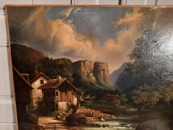 Tableau représentant un paysage et deux lavandières, signé A.Henri, d’époque XIXème siècle.