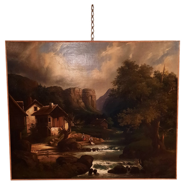 Tableau représentant un paysage et deux lavandières, signé A.Henri, d’époque XIXème siècle.