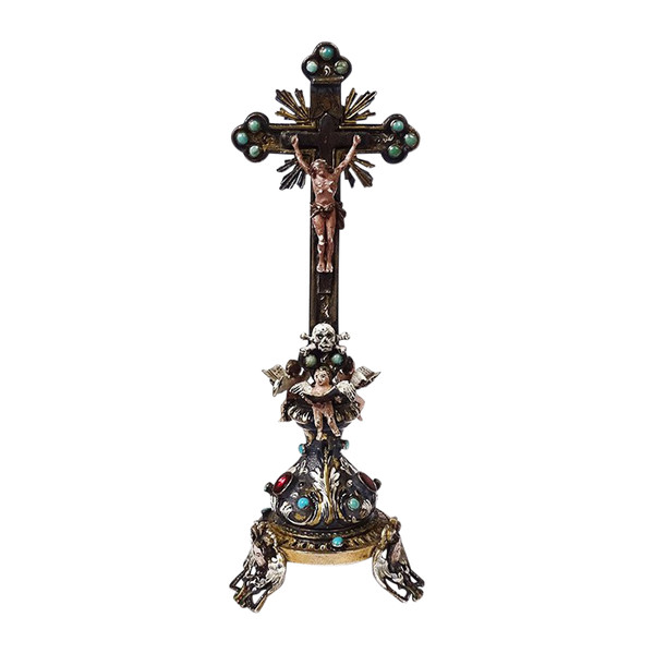 Piccolo Crocifisso Austria Vienna Argento smaltato Cristo turchese XIX secolo