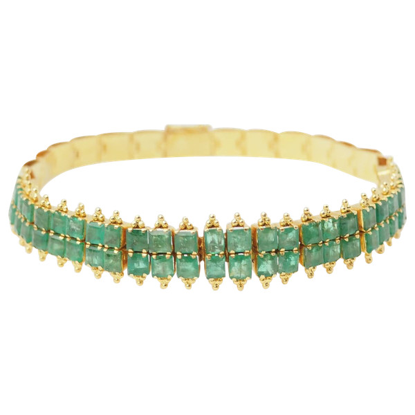 Bracelet souple ancien en or jaune et émeraudes