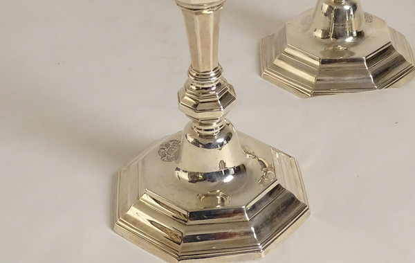 Pair of silver candlesticks Fermiers Généraux Laval André Lasnier Coat of arms 18th century