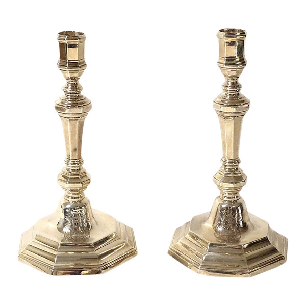 Pair of silver candlesticks Fermiers Généraux Laval André Lasnier Coat of arms 18th century