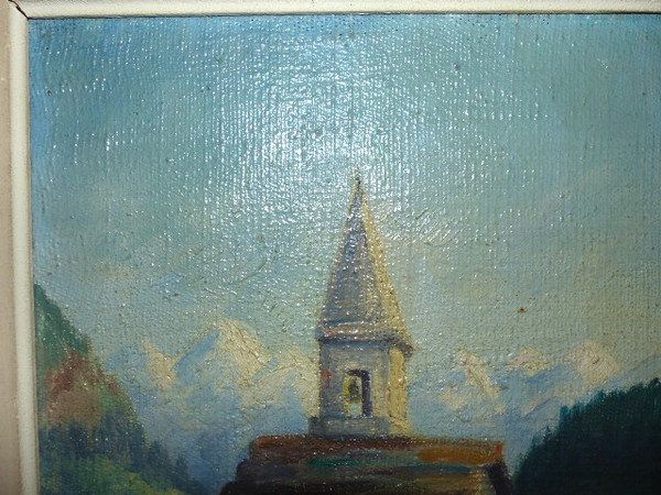 Tableau huile sur toile village Auron Nice (signé Fabien 1951)