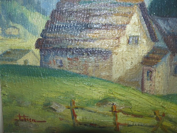 Tableau huile sur toile village Auron Nice (signé Fabien 1951)