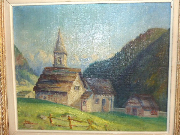 Tableau huile sur toile village Auron Nice (signé Fabien 1951)