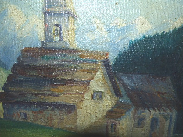 Tableau huile sur toile village Auron Nice (signé Fabien 1951)