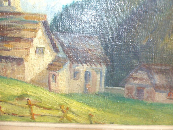 Tableau huile sur toile village Auron Nice (signé Fabien 1951)