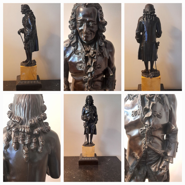 Voltaire (1694~1778) Bronzo patinato su base in marmo di Siena 