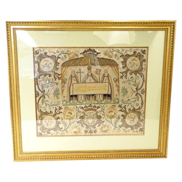 Tapestry Holy Shroud of Besançon Christ Bishop Son Gold Silver Flowers 18th