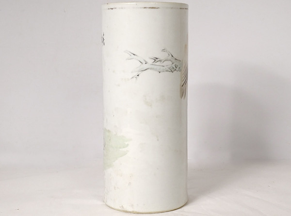 Porcelain Roller Vase China Dog Bird Tree Poem Signed Guangxu 19th