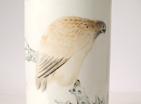 Porcelain Roller Vase China Dog Bird Tree Poem Signed Guangxu 19th