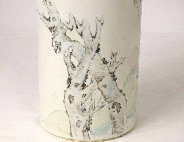 Porcelain Roller Vase China Dog Bird Tree Poem Signed Guangxu 19th