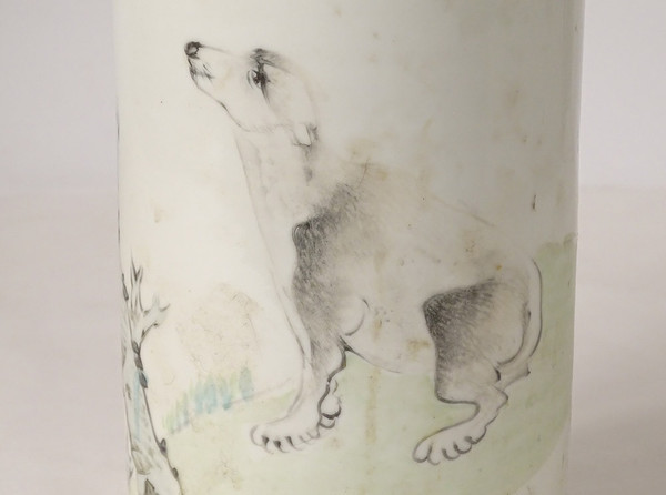 Porcelain Roller Vase China Dog Bird Tree Poem Signed Guangxu 19th