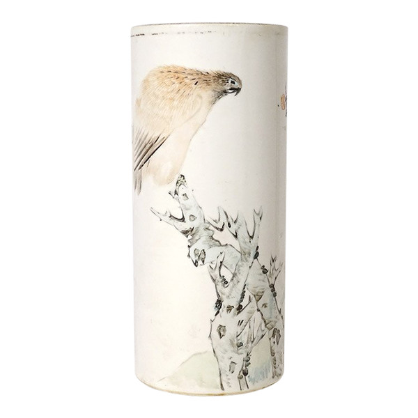 Porcelain Roller Vase China Dog Bird Tree Poem Signed Guangxu 19th