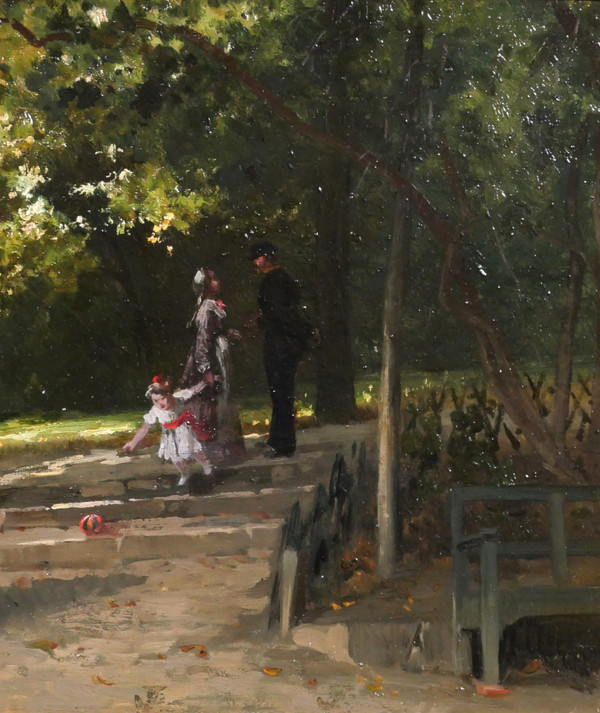 Antoine MORLON, The meeting in the park, impressionism painting, landscape, character, family