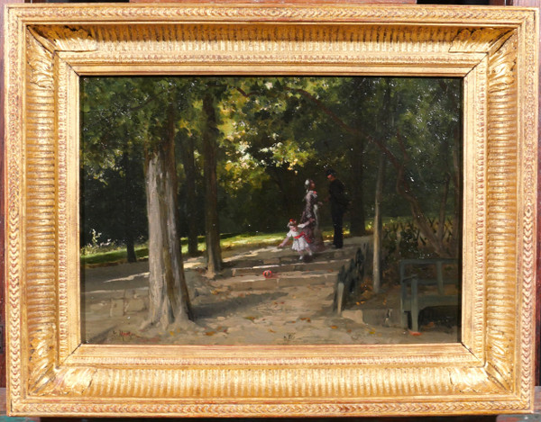 Antoine MORLON, The meeting in the park, impressionism painting, landscape, character, family