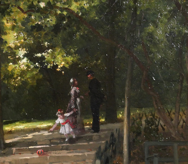 Antoine MORLON, The meeting in the park, impressionism painting, landscape, character, family