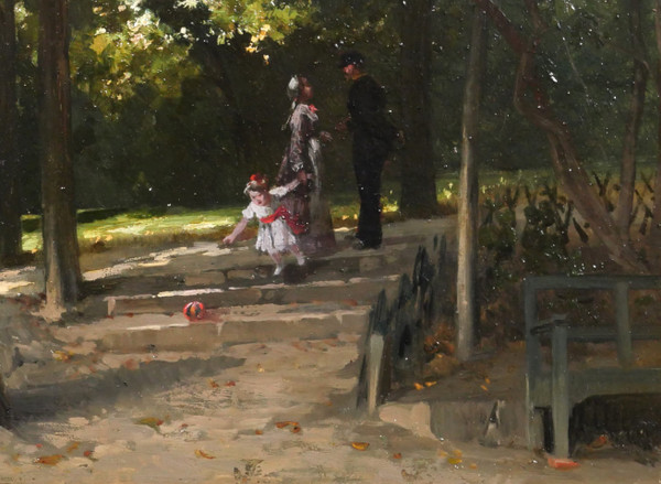 Antoine MORLON, The meeting in the park, impressionism painting, landscape, character, family