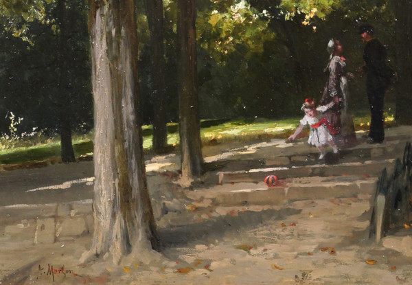 Antoine MORLON, The meeting in the park, impressionism painting, landscape, character, family