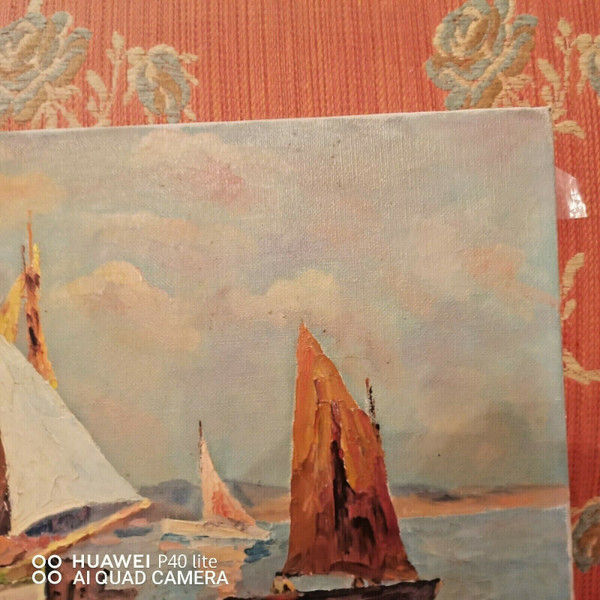 Dipinto di porto con barche in mare firmato R.RICHARD XX secolo