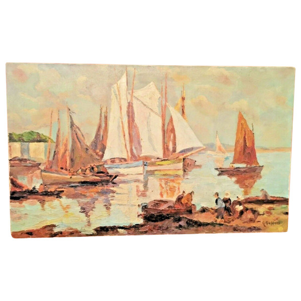Dipinto di porto con barche in mare firmato R.RICHARD XX secolo