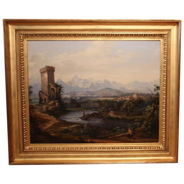Grande dipinto di paesaggio romantico del XIX secolo