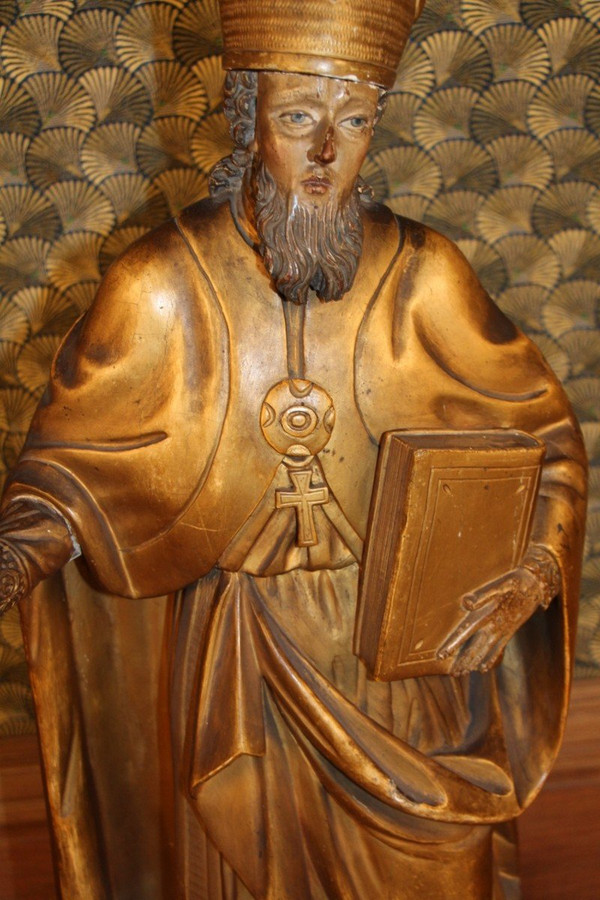 Große Statue eines Heiligen Bischofs aus vergoldetem Holz aus dem 18.