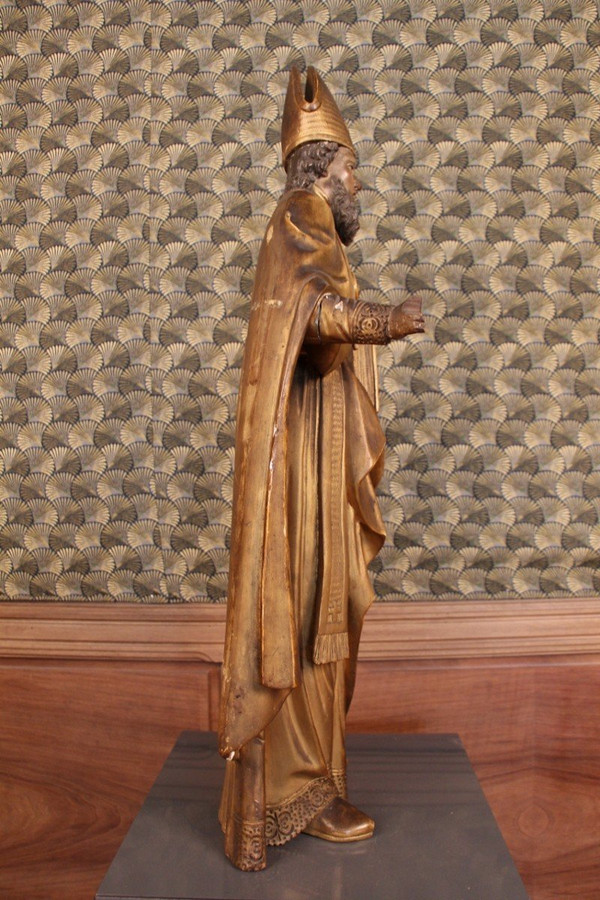 Große Statue eines Heiligen Bischofs aus vergoldetem Holz aus dem 18.