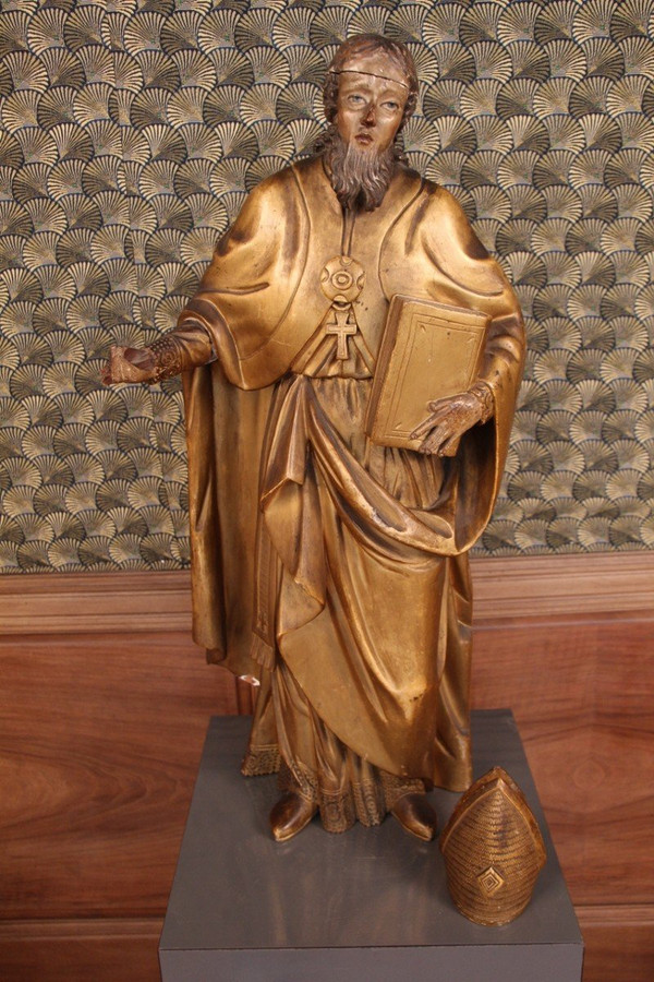 Große Statue eines Heiligen Bischofs aus vergoldetem Holz aus dem 18.