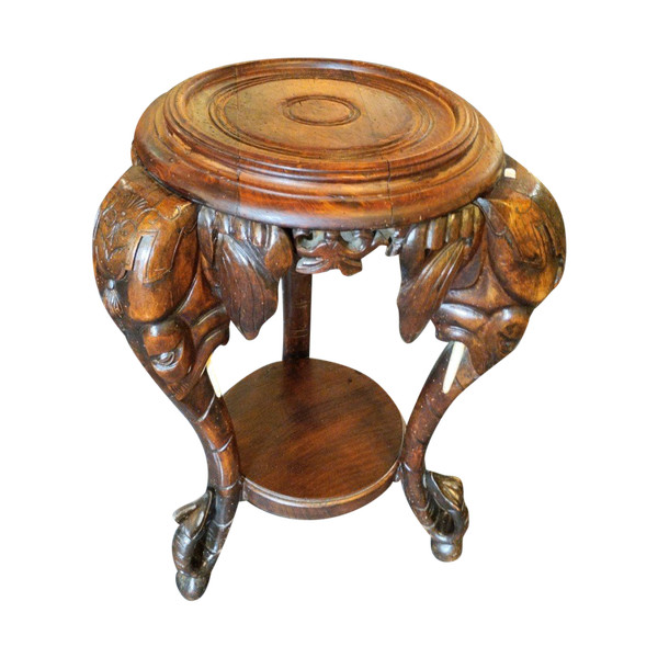 Sellette - Noyer- Tripode- Louis Majorelle - Têtes d'éléphants - v. 1880.